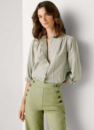 Mao Collar Striped Blouse