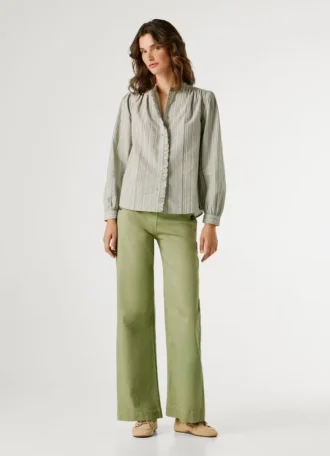 Mao Collar Striped Blouse