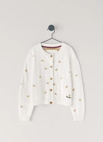 Pointelle Cardigan with Embroidered Flowers