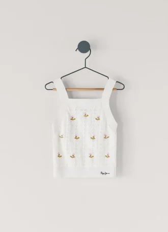 Pointelle Top with Embroidered Flowers