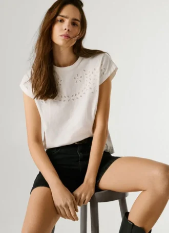 T-Shirt with Openwork Floral Details