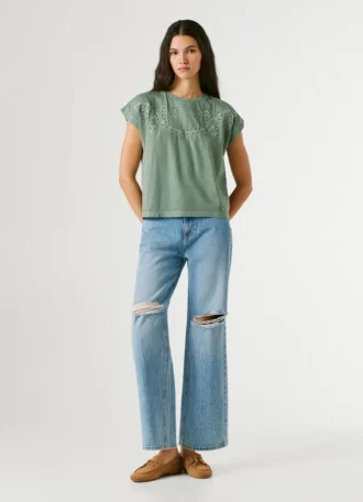 T-Shirt with Openwork Floral Details