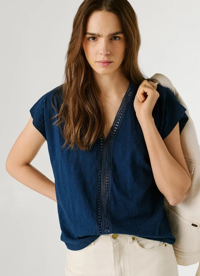 V-Neck T-Shirt with Openwork Details V-Neck T-Shirt with Openwork Details