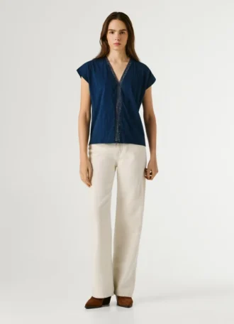 V-Neck T-Shirt with Openwork Details