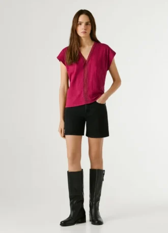 V-Neck T-Shirt with Openwork Details