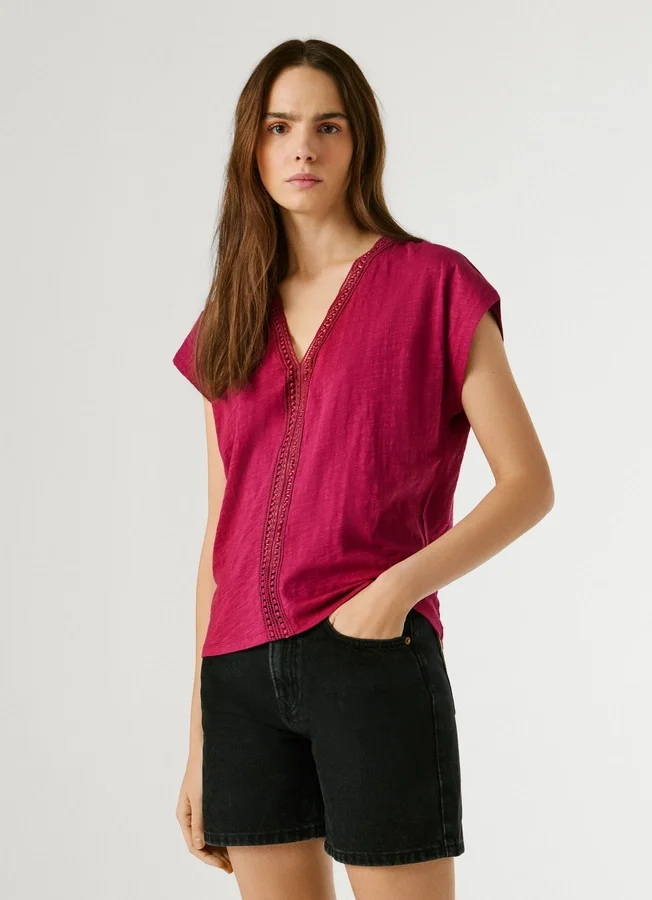 V-Neck T-Shirt with Openwork Details V-Neck T-Shirt with Openwork Details