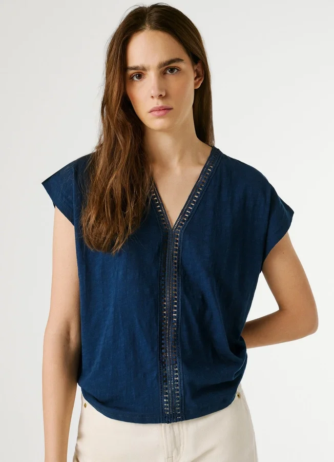 V-Neck T-Shirt with Openwork Details V-Neck T-Shirt with Openwork Details