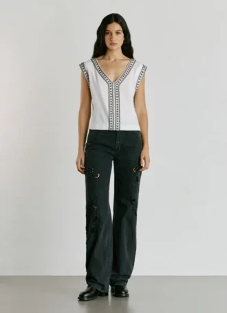 V-Neck T-Shirt with Studs